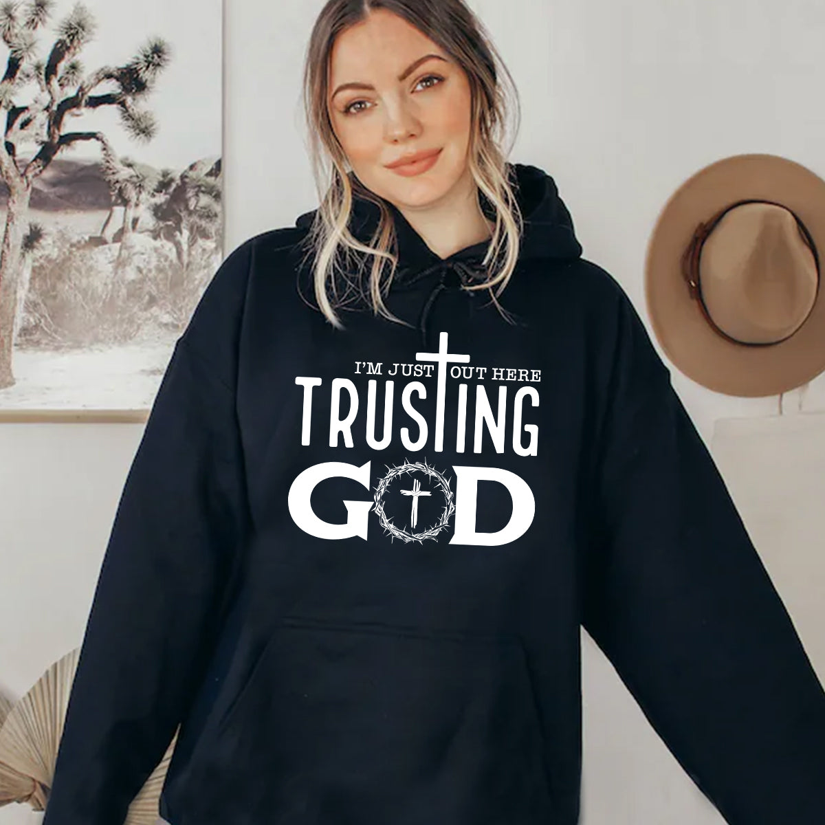 Teesdily | Jesus God Cross Crown Unisex Tshirt, I'm Just Out Here Trusting God Hoodie Sweatshirt Mug, God Believer Gift, Minimalist Streetwear Style