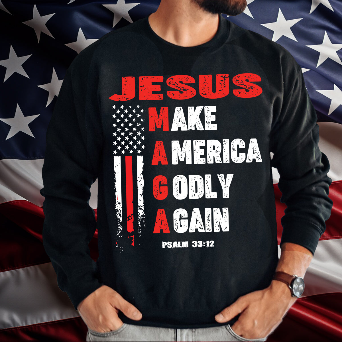 Teesdily | Jesus American Flag Shirt, Jesus Make America Godly Again Tee Sweatshirt Hoodie Mug, Jesus Lovers Tee Gifts, Patriotic Shirt