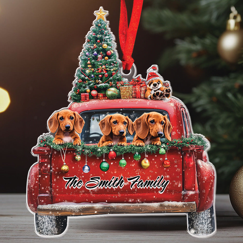 Teesdily | Customized Dachshund Mountain On Red Truck Christmas Ornament, Christmas Dog 2D Ornament, Dog Mom Pet Christmas Gift