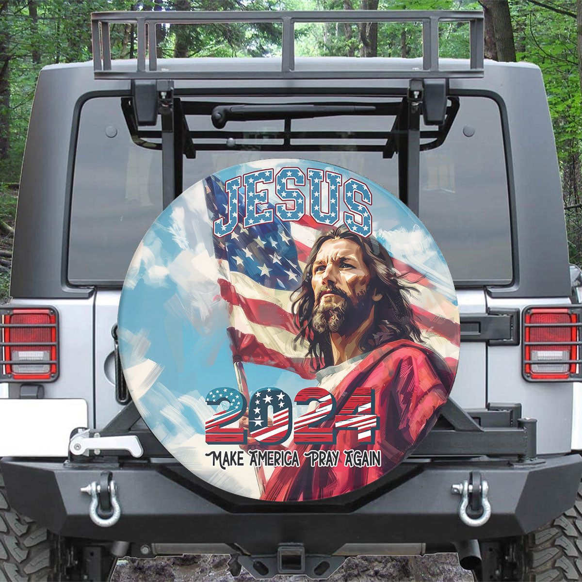 Teesdily | Jesus Christ 2024 Tire Cover, Jesus God American Flag Wheel Cover, Indepedence Car Decor, Make American Pray Again Spare Tire Cover