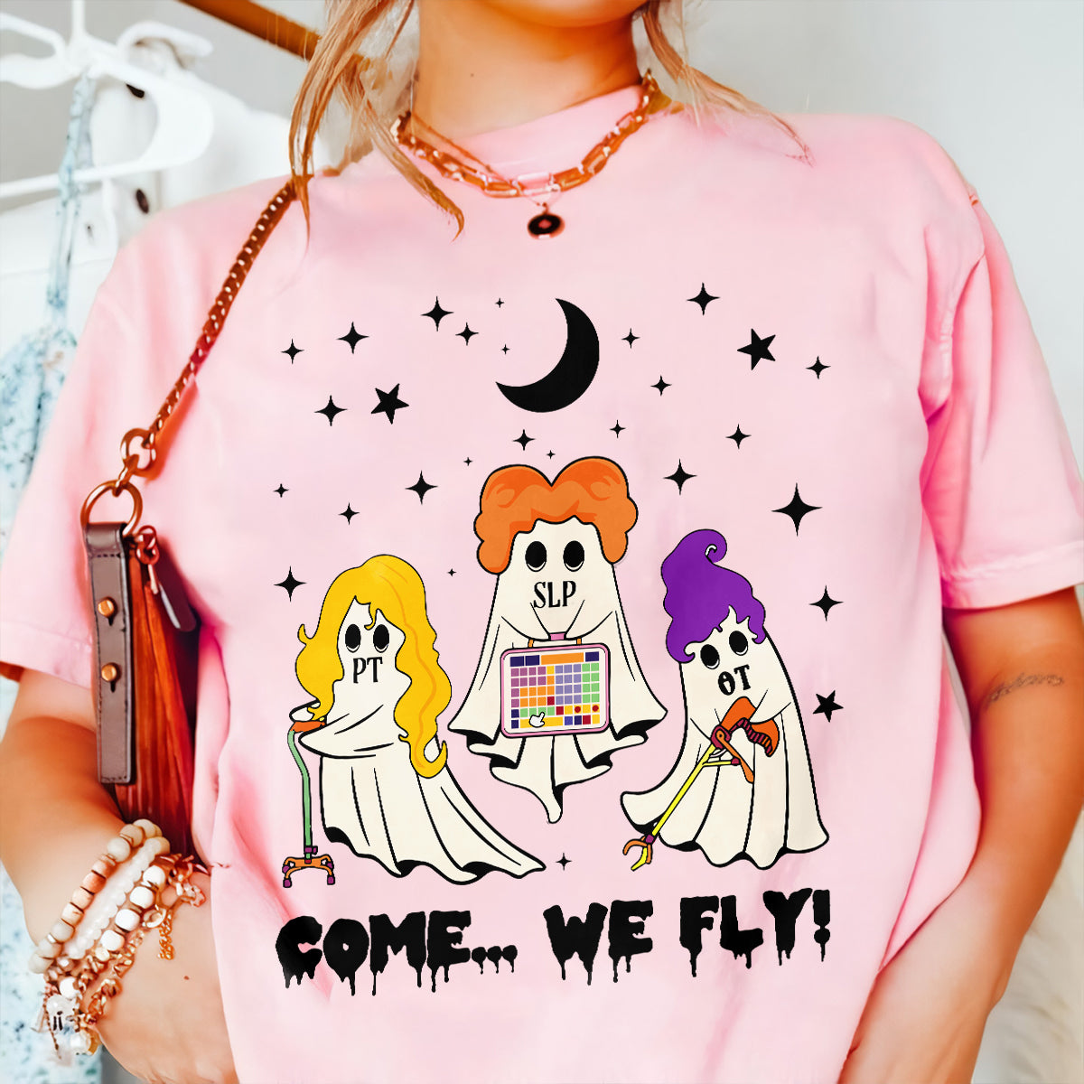 Teesdily | Halloween OT PT SLP Team Shirt, Cute Ghost Come We Fly Halloween Tee Sweatshirt Hoodie Mug, Halloween Lovers Gifts, OT PT Halloween Gifts