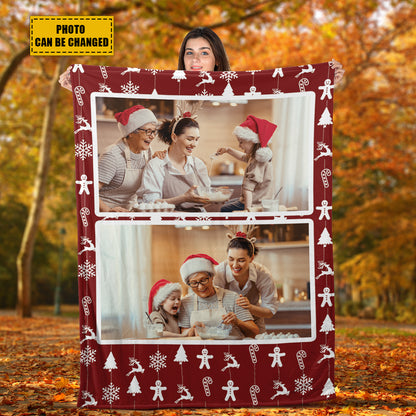 Teesdily | Christmas Pattern Picture Blanket Personalized Photo Xmas Family Friend Custom Photo Blanket Christmas Custom Blanket For Sofa Bedroom