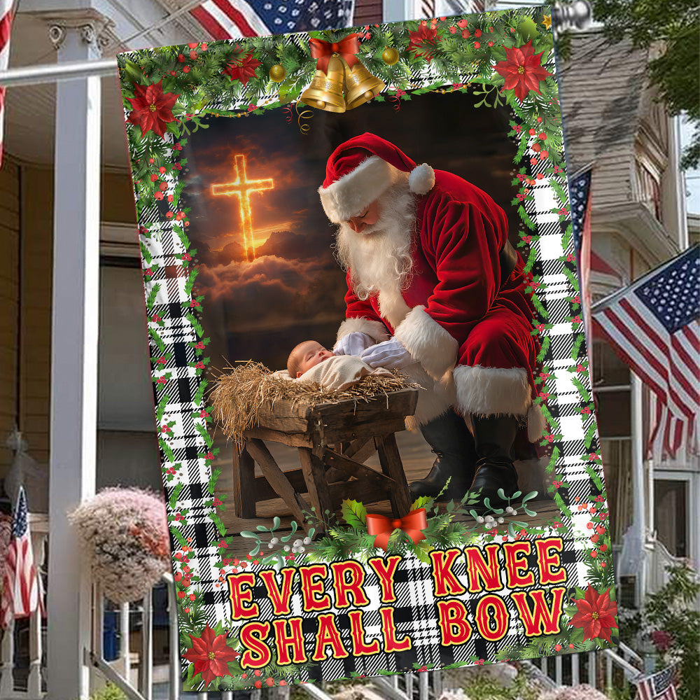 Teesdily | Santa Claus Kneeling With Baby Jesus Christmas Garden Flag, Every Knee Shall Bow House Flag, Christmas Yard Decor