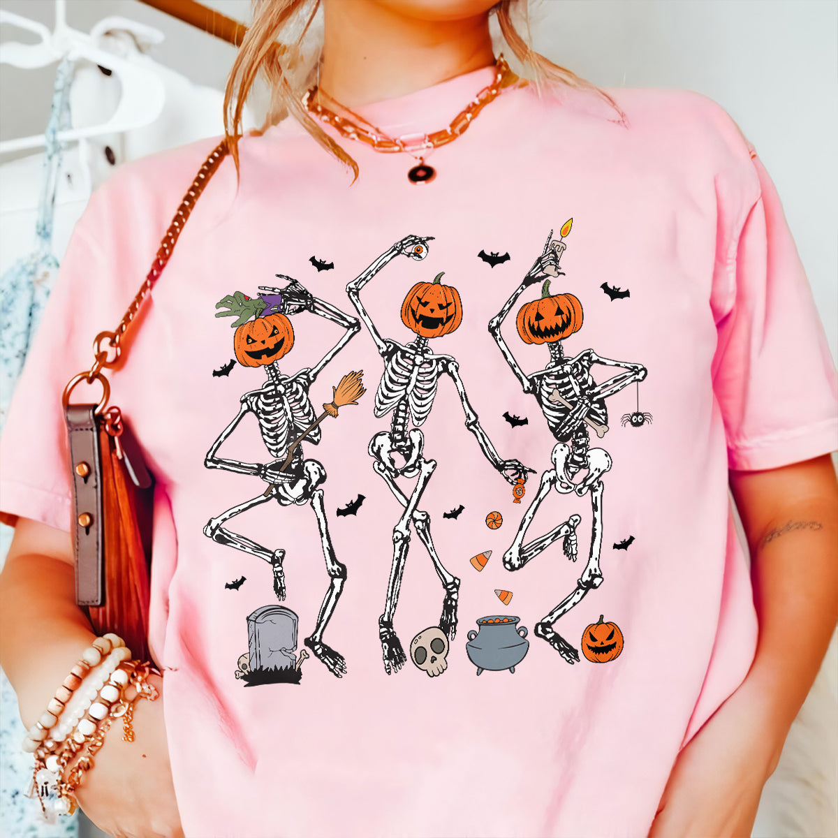 Teesdily | Dancing Skeleton Pumpkin Shirt, Retro Halloween Spooky Season Sweatshirt Hoodie Mug, Halloween Pumpkin Face T-shirt, Halloween Shirt Gift