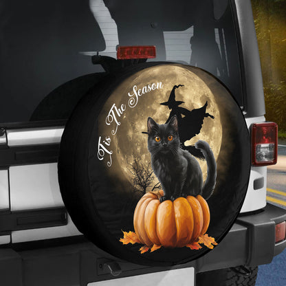 Teesdily | Black Cat Pumpkin Witch Car Spare Tire Cover, Halloween Moon Tis The Season Car Wheel Cover, Cat Lover, Car Decoration Halloween Gift