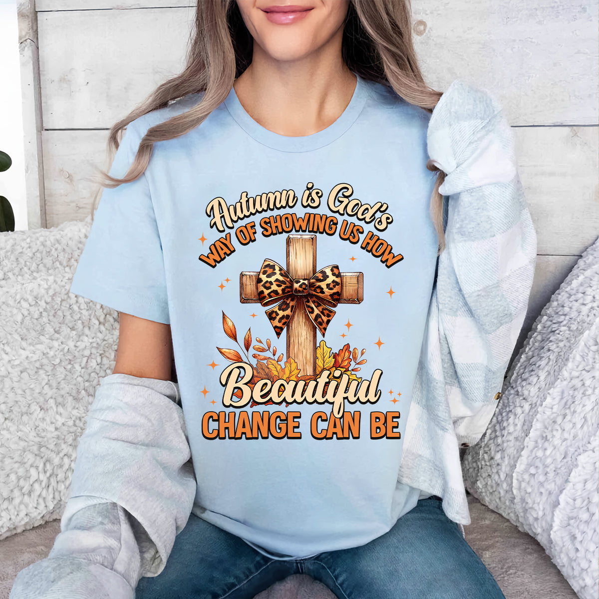 Teesdily | Jesus Cross Coquette Bow Thanksgiving Shirt, Autumn Is God's Way Tee Sweatshirt Hoodie Mug, Thanksgiving Jesus Gift