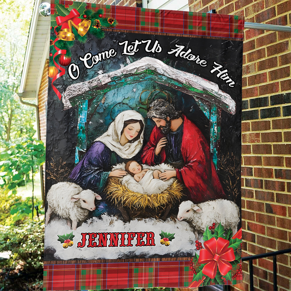 Teesdily | Customized Jesus Nativity Christmas Garden Flag, O Come Let Us Adore Him House Flag, Jesus Birth Gift, Xmas Gift