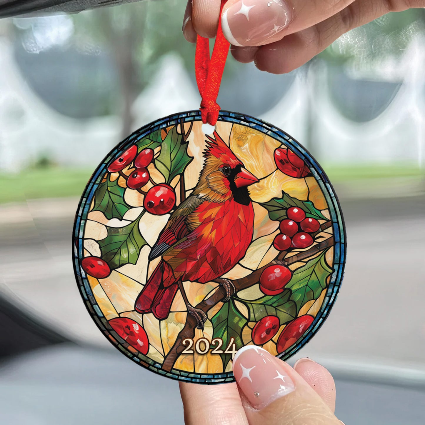 Teesdily | Cardinal Christmas Stained Glass Print Rear View Mirror Accessories, Cardinal Christmas 2024 Rear View Mirror Hanging, Christmas Tree Decor