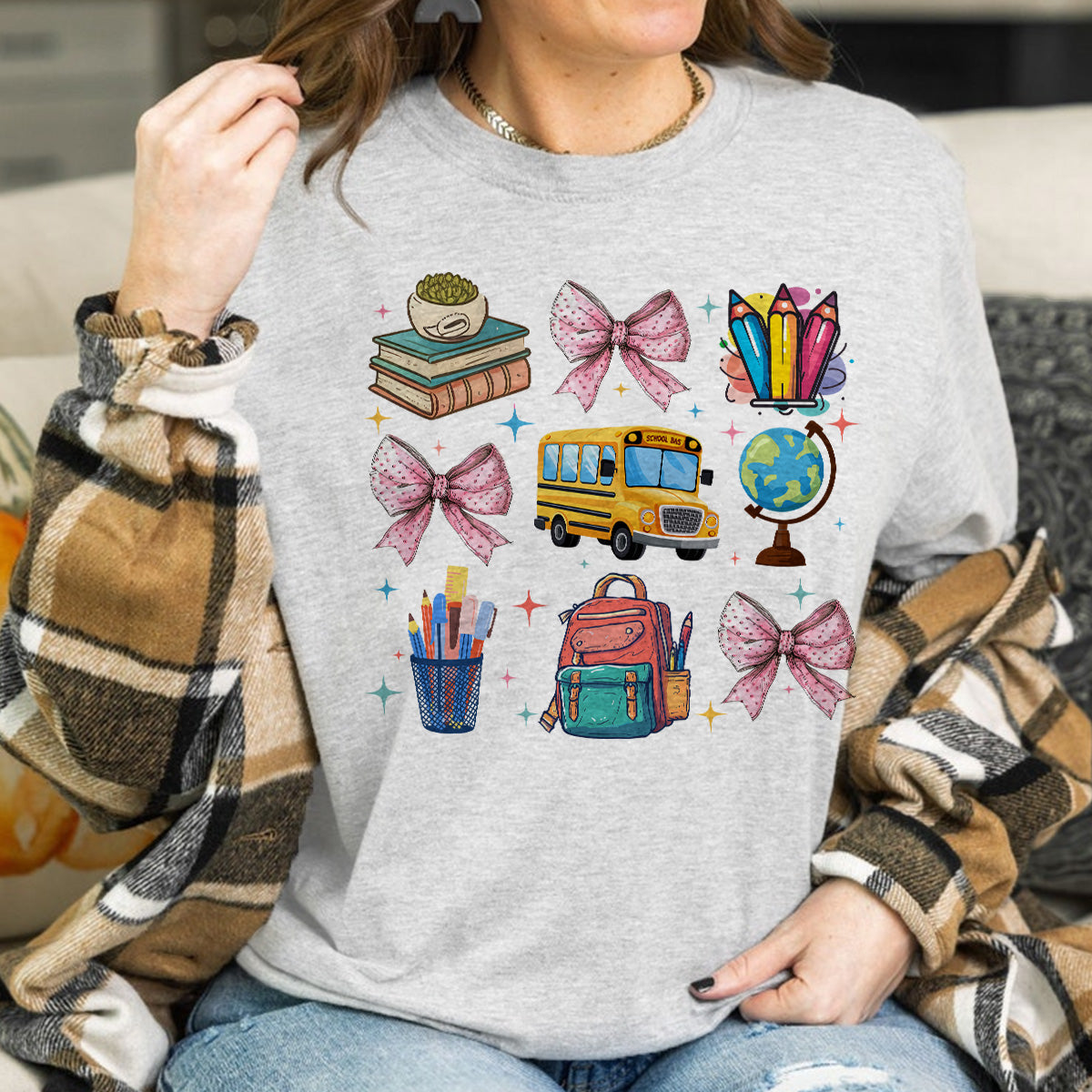 Teesdily | Coquette School Shirt, Back To School Shirts, Teacher Coquette Pink Bow Sweatshirt Hoodie Mug, First Day Of School, Teacher Appreciation