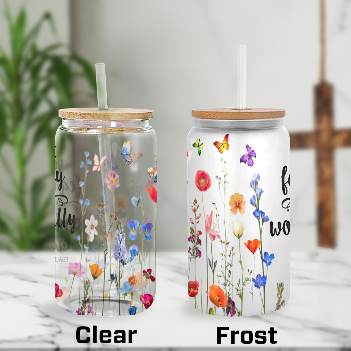 Teesdily | Wildflower Bible Verse Glass Can, You Are Fearfully And Wonderfully Made Frosted Can With Straw, Inspirational Gifts For Women