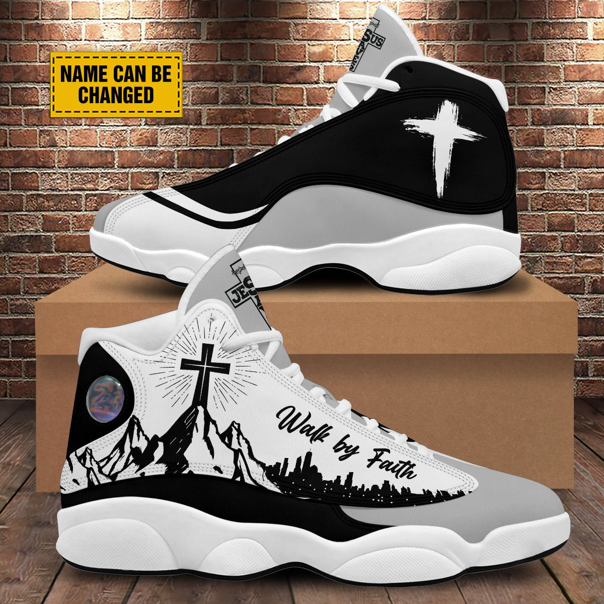 Teesdily | Personalized Jesus Walk By Faith Basketball Shoes, Jesus Cross Mountain Basketball Shoes, Christian Footwear Unisex Basketball Shoes