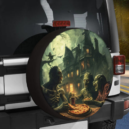 Teesdily | Halloween Monsters Eating Pizza Car Spare Tire Cover, Halloween Haunted House Wheel Cover, Halloween Decor Car Truck, Halloween Gift Dad