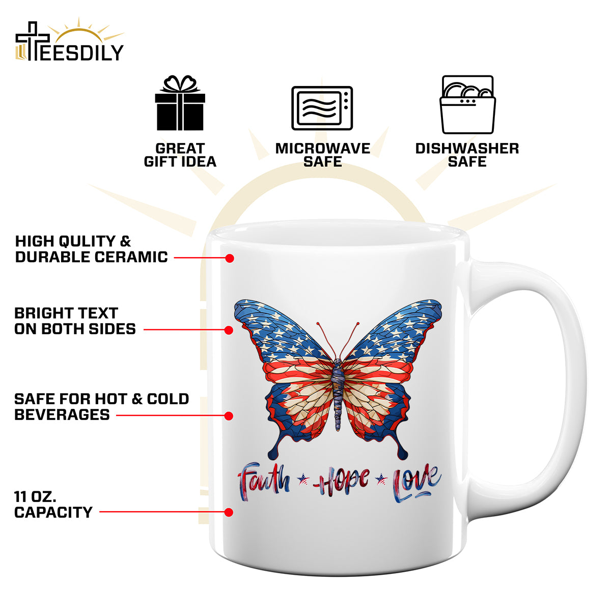 Teesdily | Jesus Butterfly American Flag Shirt, Faith Hope Love US Pride Patriotic T-shirt, Independence Day Sweatshirt Hoodie, Butterfly Lover Gifts