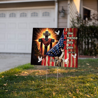 Teesdily | Customized Jesus Cross American Flag Yard Sign, Make America Godly Again Psalm 33 12 Outdoor Sign, Christian Art Lawn Sign, Garden Decor