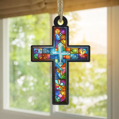 Teesdily | Customized Suncatcher Style, Jesus Cross Suncatcher Christmas Ornament, Xmas Home Decoration, Jesus Lovers Gift, God Faith Believers Gifts