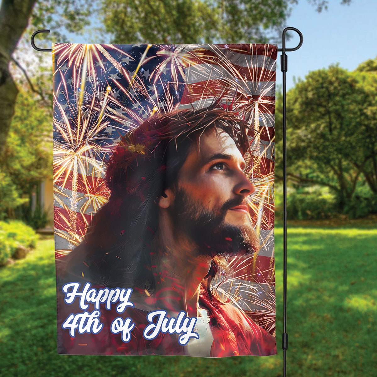 Teesdily | Jesus American Flag Home, Happy 4th Of July House Garden Flag, Independence Day Gifts, God Believer Christian Outdoor Decoration