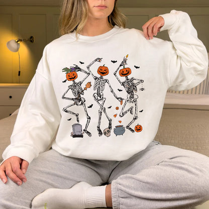 Teesdily | Dancing Skeleton Pumpkin Shirt, Retro Halloween Spooky Season Sweatshirt Hoodie Mug, Halloween Pumpkin Face T-shirt, Halloween Shirt Gift