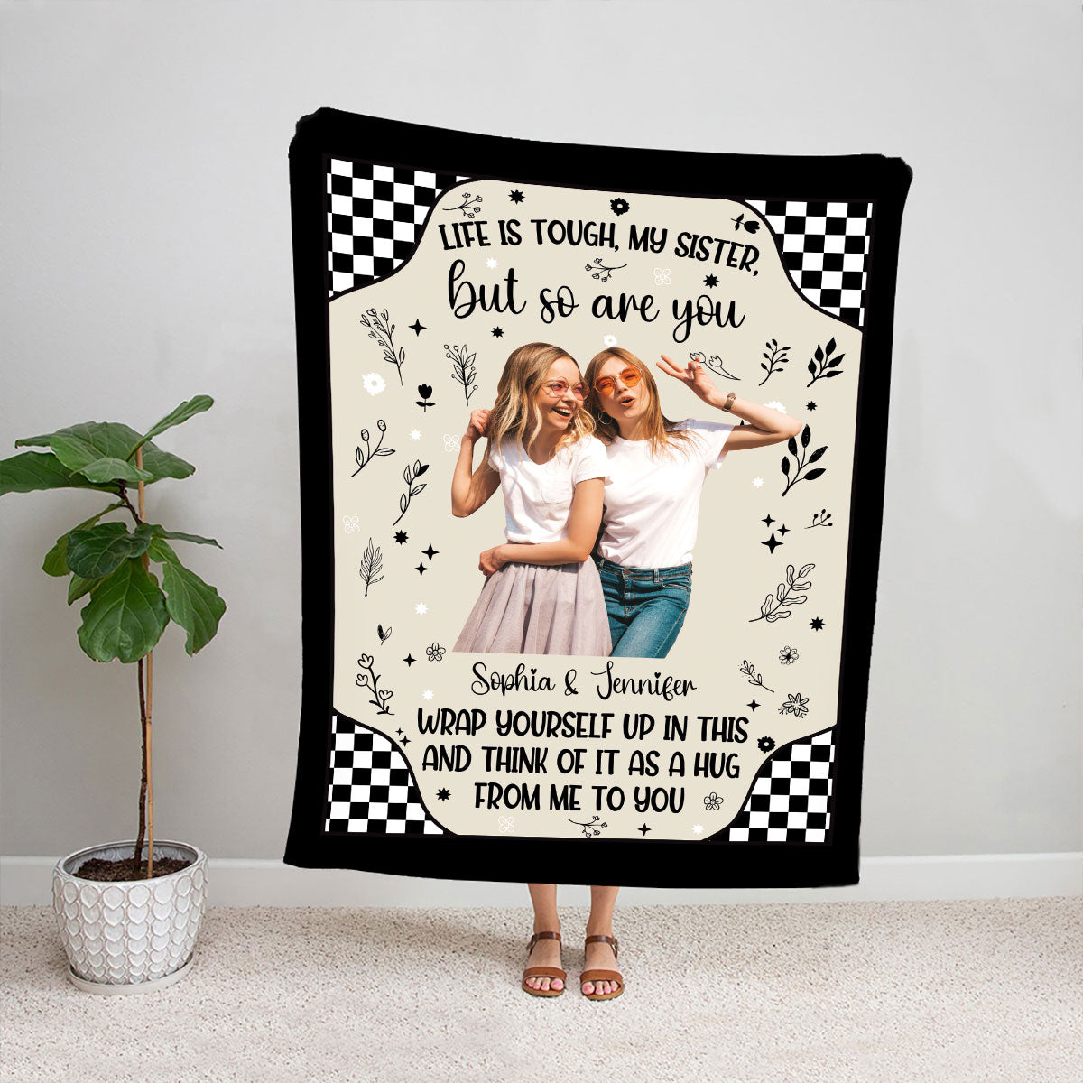 Teesdily | Sister Custom Blanket With Picture, Bestie Bff Minimalist Style Personalized Fleece, Life Is Tough Sofa Blanket, Birthday Gifts For Sisters