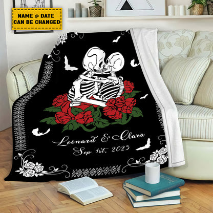 Teesdily | Personalized Skull Throw Blanket Custom Spooky Skeleton Rose Together Forever Fleece Blanket Gothic Skeleton Halloween Couples Funny Gifts