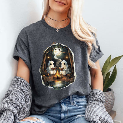 Teesdily | Camping Halloween Ghost Shirt, Halloween Ghost Reading Book Hoodie, Spooky Season Camping Fire Hoodie Mug, Women Fall Tee, Halloween Gift