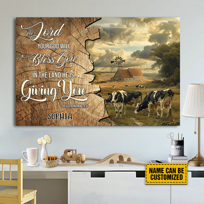 Teesdily | Personalized Dairy Cow Farming Painting Poster, The Lord Your God Will Bless You In The Land, Farmer Gift, Religious Poster Canvas