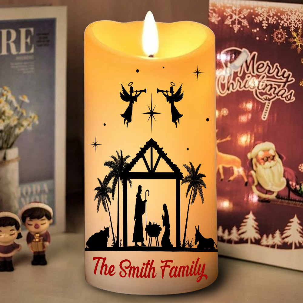 Teesdily | Customized Jesus Nativity Led Candle, Believe Like Mary, Love Like Jesus Flameless Candle, Jesus Christmas Gift