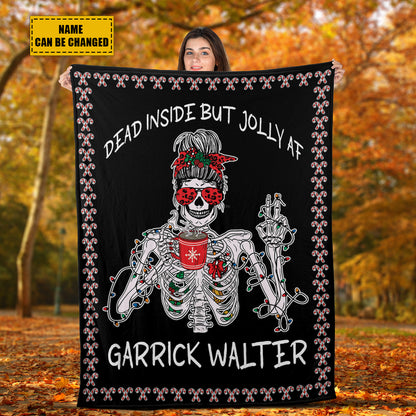 Teesdily | Personalized Skeleton Girl Xmas Blanket Dead Inside But Jolly Af Fleece Throw Blanket Funny Christmas Sherpa Blanket Funny Christmas Gifts