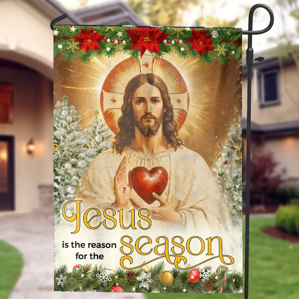 Teesdily | Jesus Christ Scared Heart Christmas Flag, Jesus Is The Reason For The Season House Flag, Xmas Tree Flag Decor Garden