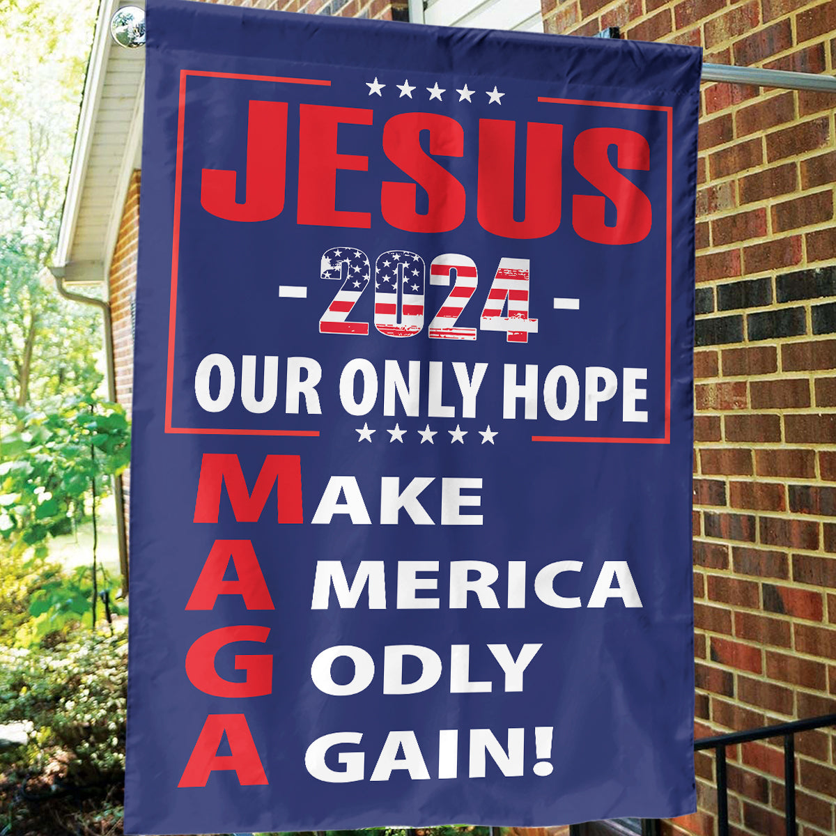 Teesdily | American Flag Jesus Christ House Flag, Jesus 2024 Our Only Hope Make America Godly Again Garden Flag, Patriotic Flag, Outdoor Decor Gifts