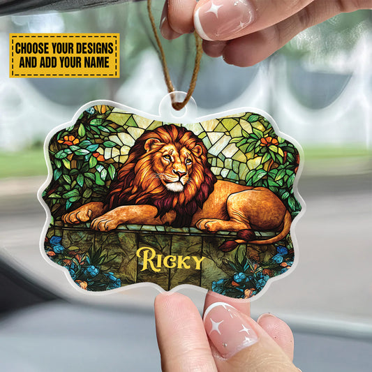 Teesdily | Personalized  Jesus Lion Of Judah Stained Glass Art Acrylic Ornament, Jesus Lion Car Hanging Ornament, Jesus Lovers Gift, Christmas Jesus Ornament