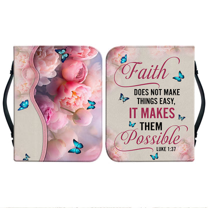 Teesdily | God Bible Verse Custom Bible Cover Peony Butterfly Bible Holder Faith Does Not Make Things Easy It Makes Theme Possible Christian Gift