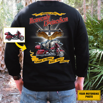 Teesdily | Customized Christian Biker Shirt, Follower Of The Heavenly Divineson Back Design Shirt Sweatshirt Hoodie Mug, Motorcycle Lovers Gifts