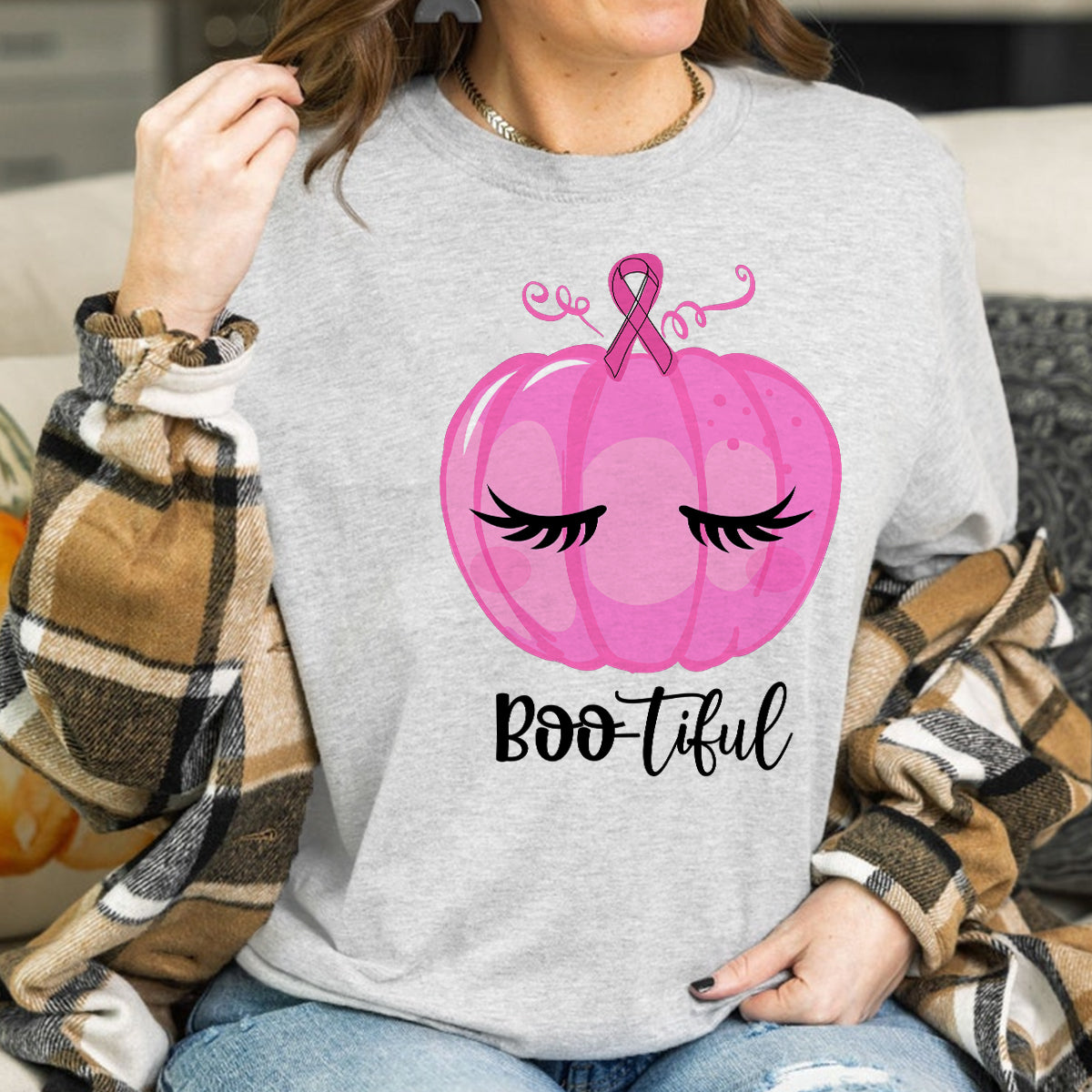 Teesdily | Pink Pumpkin Bootiful Shirt, Breast Cancer Halloween Sweatshirt, Pink Ribbon Pumpkin Cancer Fighter Hoodie Mug, Cancer Month Gift