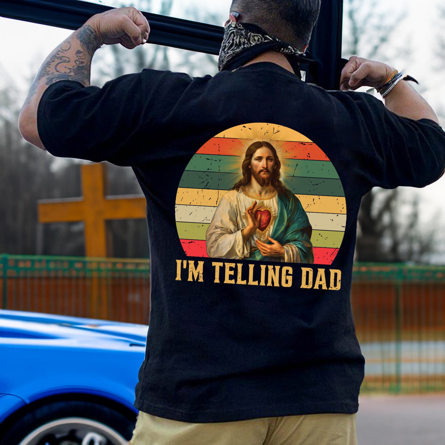 Teesdily | Jesus Sacred Heart Retro Shirt, I'm Telling Dad Shirt, Dad Grandad Vintage Sweatshirt Hoodie Mug, Father's Day Christian Dad Gifts