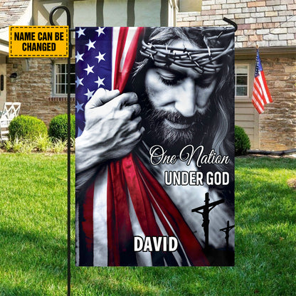 Teesdily | Customized American Flag Jesus Yard Sign, One Nation Under God Christian American Garden Metal Sign, Jesus Lover Gift