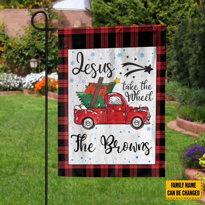 Teesdily | Customized Jesus Take The Wheel Christmas Garden Flag, Red Truck Car Christmas Tree House Flag, Christ Cross Home Flag