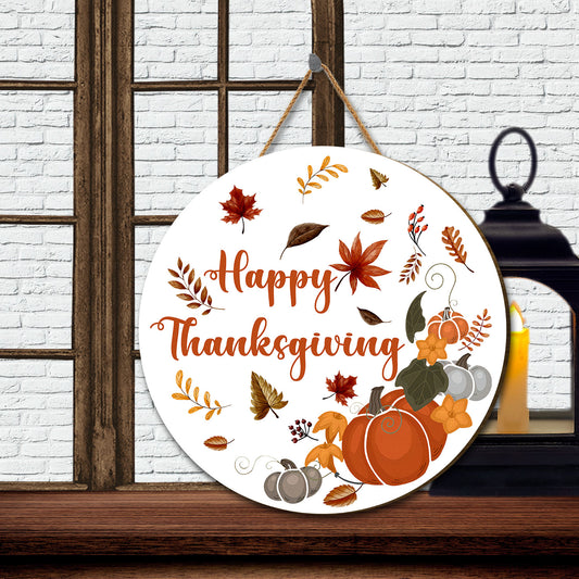 Teesdily | Happy Thanksgiving Round Wood Sign Pumpkin Autumn Vibes Door Decoration Harvest Fall Season Door Sign Thanksgiving Gift Home Decoration