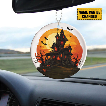 Teesdily | Customized Halloween Haunted House Ornament Car Hanger Rear View Mirror, Pumpkin Bat Spooky Halloween Decor, Holiday Halloween Gifts