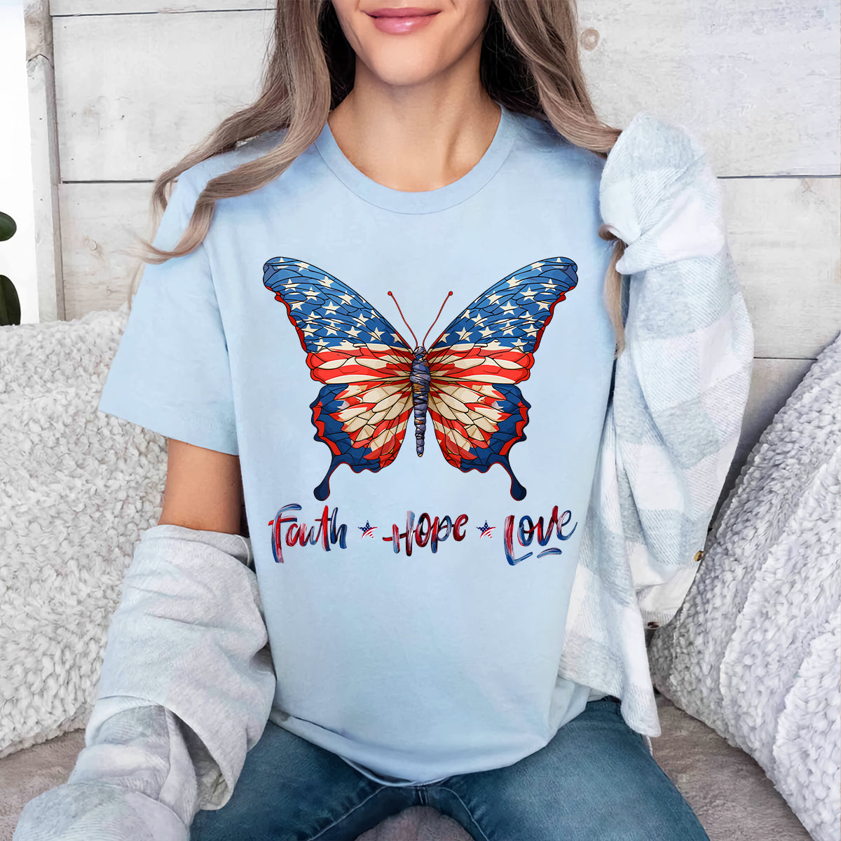 Teesdily | Jesus Butterfly American Flag Shirt, Faith Hope Love US Pride Patriotic T-shirt, Independence Day Sweatshirt Hoodie, Butterfly Lover Gifts