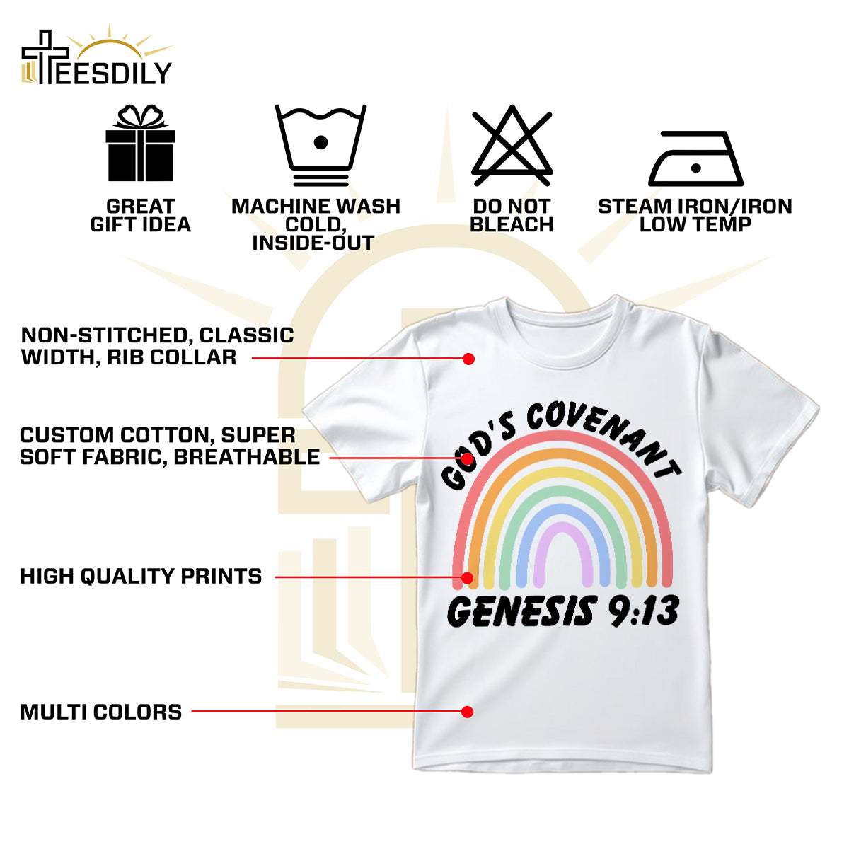 Teesdily | Jesus Rainbow Shirt, God's Covenant Genesis 9:13 Tee Sweatshirt Hoodie Mug, Jesus Lovers Gifts, Christian Rainbow Shirt, Bible Verse Tee