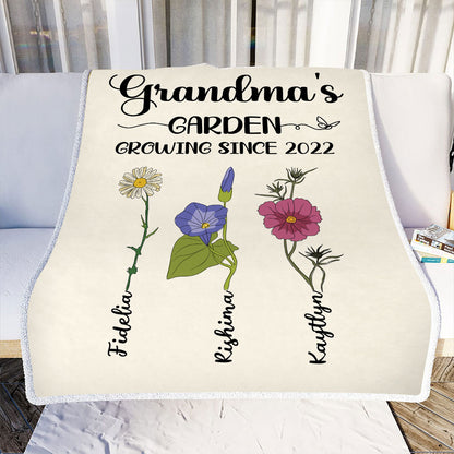 Teesdily | Grandma's Garden Growing Since Customized Year Throw Blanket Floral Print Vintage Sherpa Fleece Blanket Mothers Day Custom Gifts