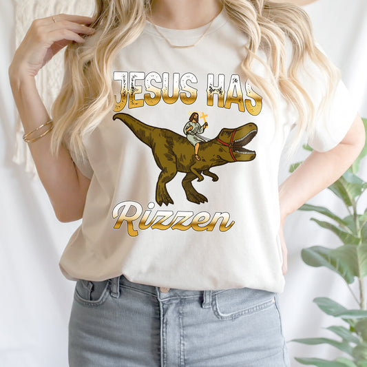 Teesdily | Jesus Dinosaur Shirt, Jesus Has Rizzen Tee Sweatshirt Hoodie Mug, Religious Faith Apparel, Christian Tee, Gift For Jesus Lovers