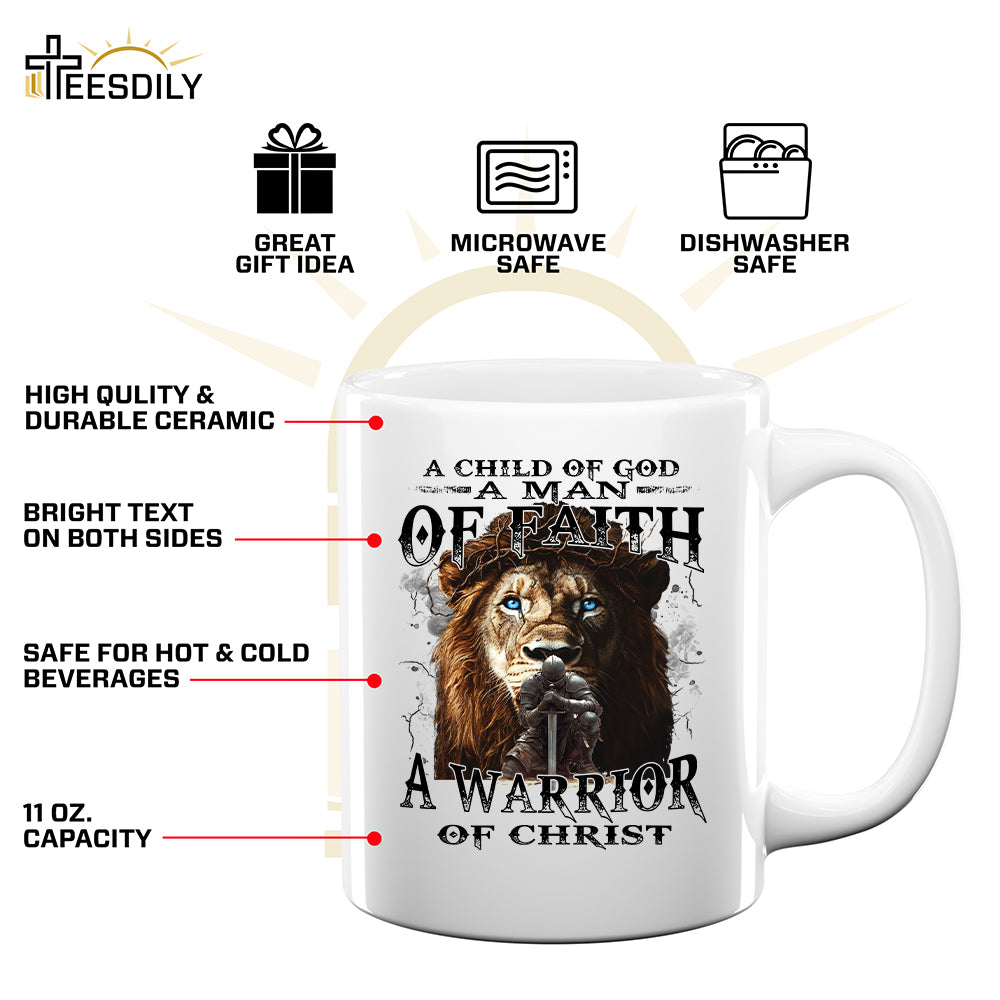 Teesdily | Jesus Warrior Knight Lion Shirt, A Warrior Of Christ Sweatshirt, A Child Of God Hoodie Mug, Man Of Faith Religious Tee