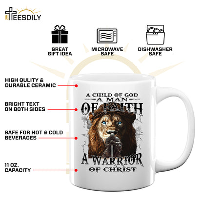 Teesdily | Jesus Warrior Knight Lion Shirt, A Warrior Of Christ Sweatshirt, A Child Of God Hoodie Mug, Man Of Faith Religious Tee