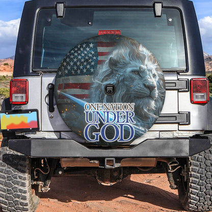 Teesdily | Jesus Lion Usa Flag Spare Tire Cover, One Nation Under God Wheel Cover, Independence Day Car Decor, 4Th Of July Spare Tire Cover 27"-34"