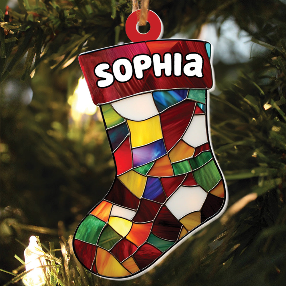 Teesdily | Customized Christmas Stockings Ornament, Stocking Stained Glass 2D Ornament, Christmas Tree Decoration, Christmas Gift