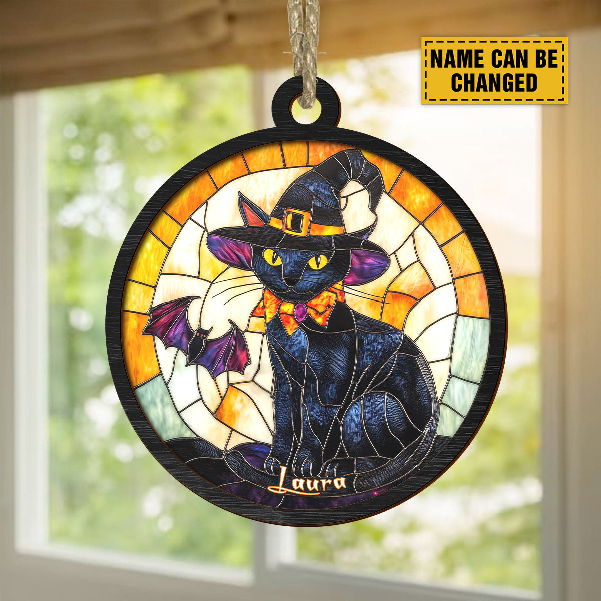 Teesdily | Customized Black Cat Halloween Suncatcher Ornament, Black Cat Witch Halloween Car Hanging Ornament, Halloween Spooky Season Gifts