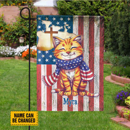 Teesdily | Custom Cat Jesus Cross Flag, Independence Day Garden Flag, Jesus American Flag Home, Fourth Of July Garden Flag Yard Decor, Cat Lover Gift