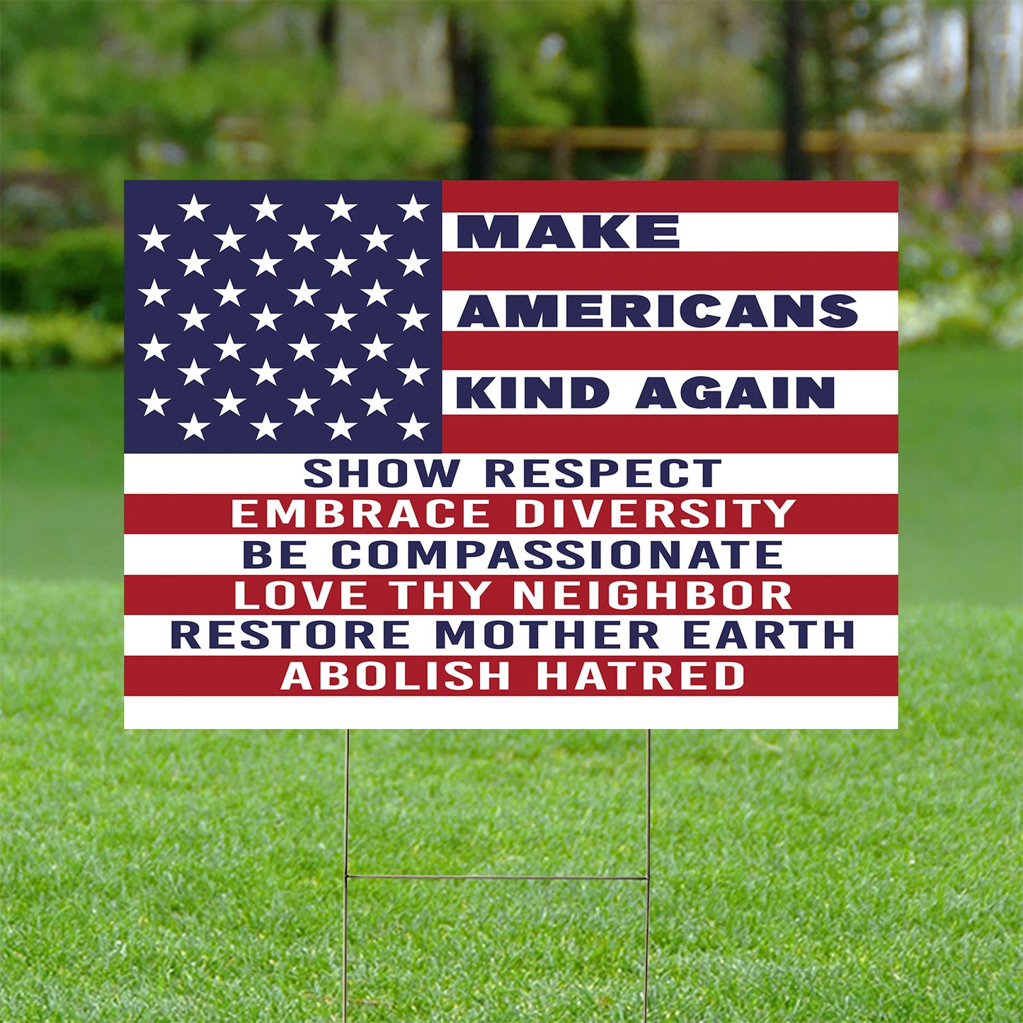 Teesdily | Make Americans Kind Again Yard Sign, American Flag Patriot Lawn Garden Sign, Show Respect Us Metal Outdoor Sign, Christian Home Decor Gift