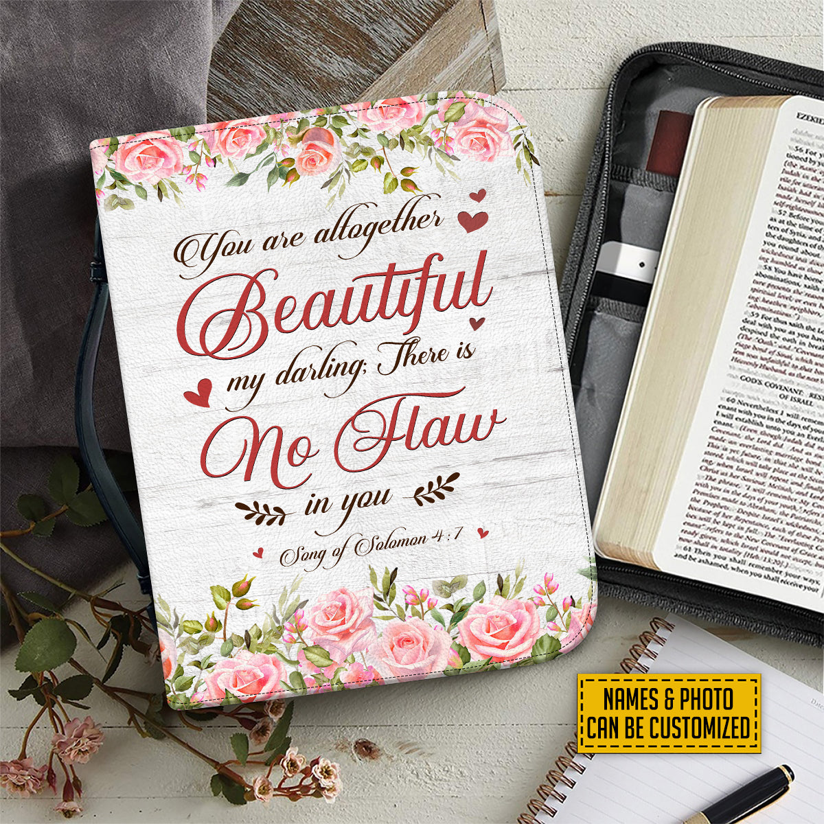 Teesdily | Christian Couple Customized Photo Bible Cover, You Are Altogether Beautiful Verse Bible Bags, Rose Vintage Bible Case, Wife Girlfriend Gift